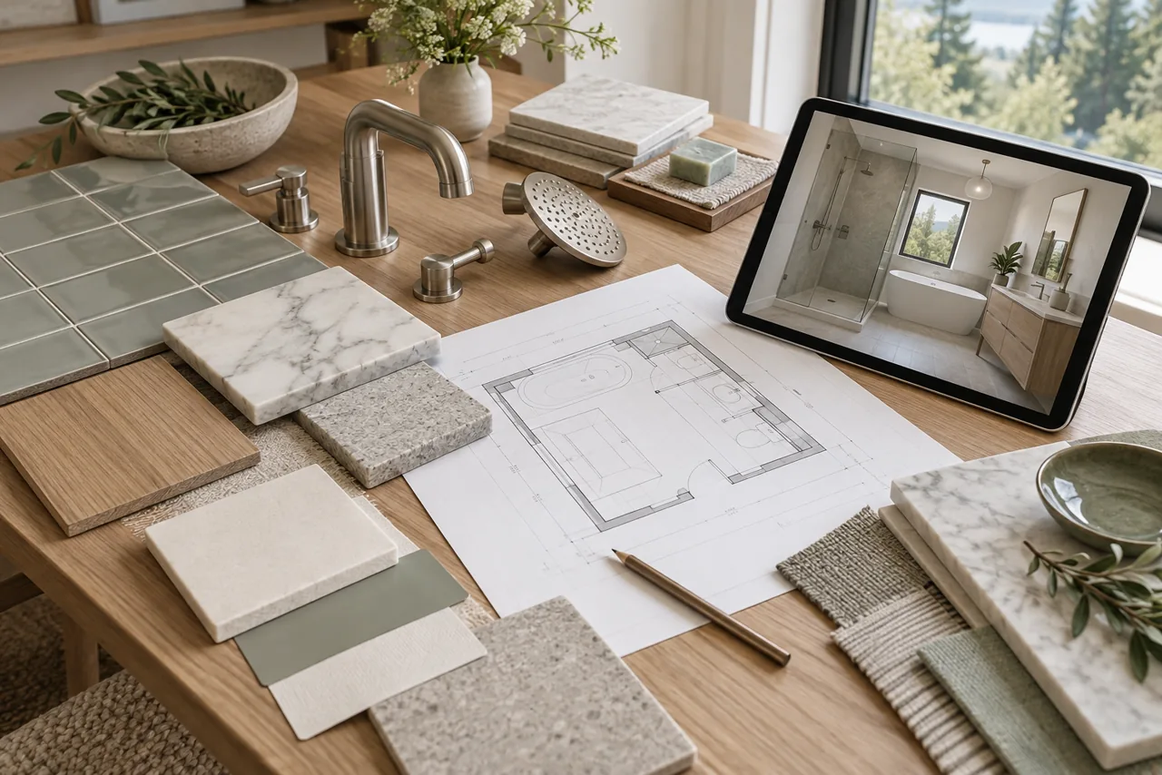 Bathroom design table with tile and stone samples, plumbing finishes, a floor plan, and a 3D design on a tablet