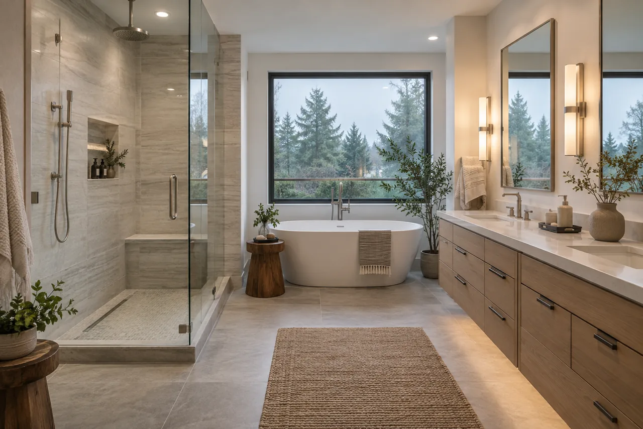 Completed primary bathroom renovation with a walk-in shower, freestanding tub, and wood vanity