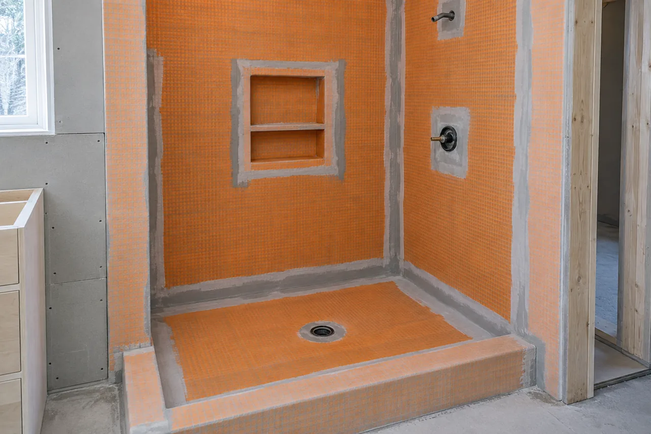 Shower waterproofing membrane installed across the walls, niche, corners, curb, and shower pan before tile
